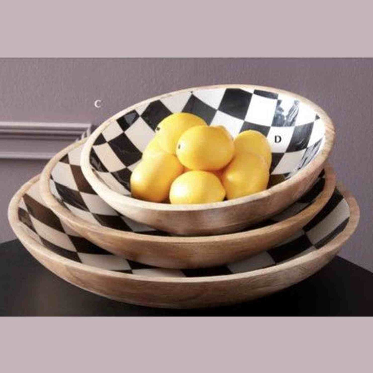 Black & White Check Enameled Wood Nesting Bowls (Set of 3)