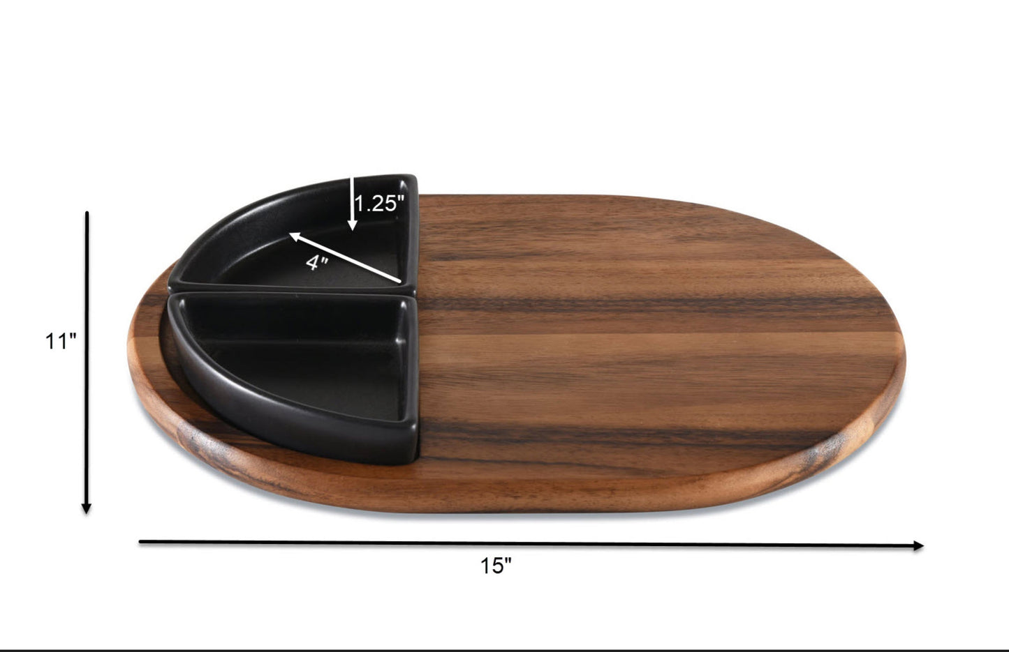 Acacia Wood Charcuterie Tray 15x11 With 2 Black Triangular Ceramic Bowls