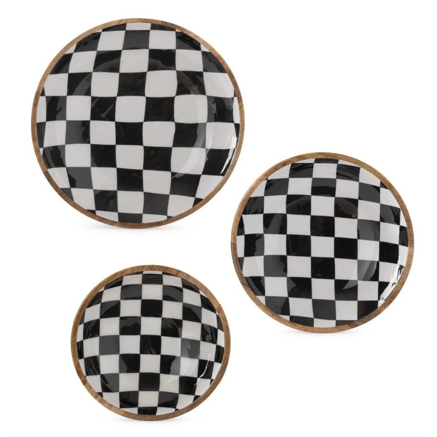 Black & White Check Enameled Wood Nesting Bowls (Set of 3)