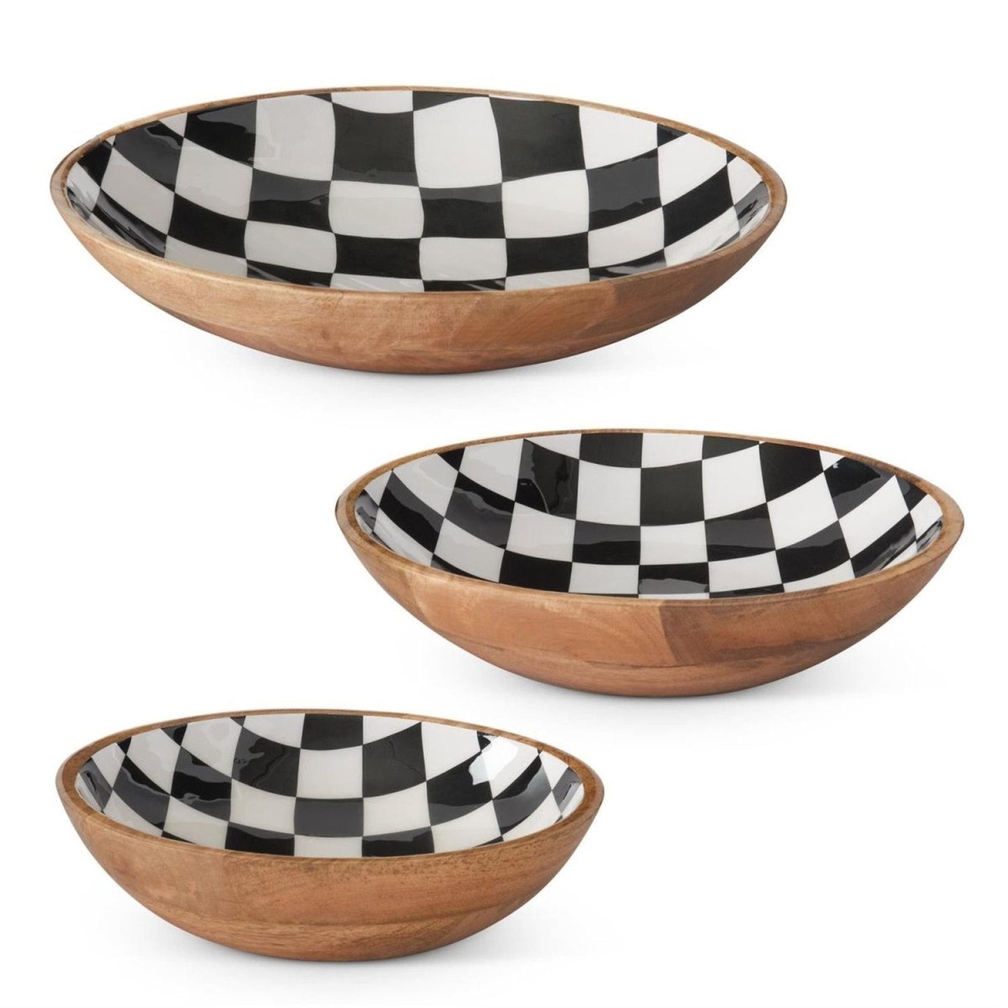 Black & White Check Enameled Wood Nesting Bowls (Set of 3)