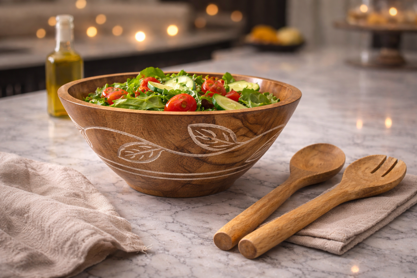 Carved Pattern Mango Wood Bowl - Brown